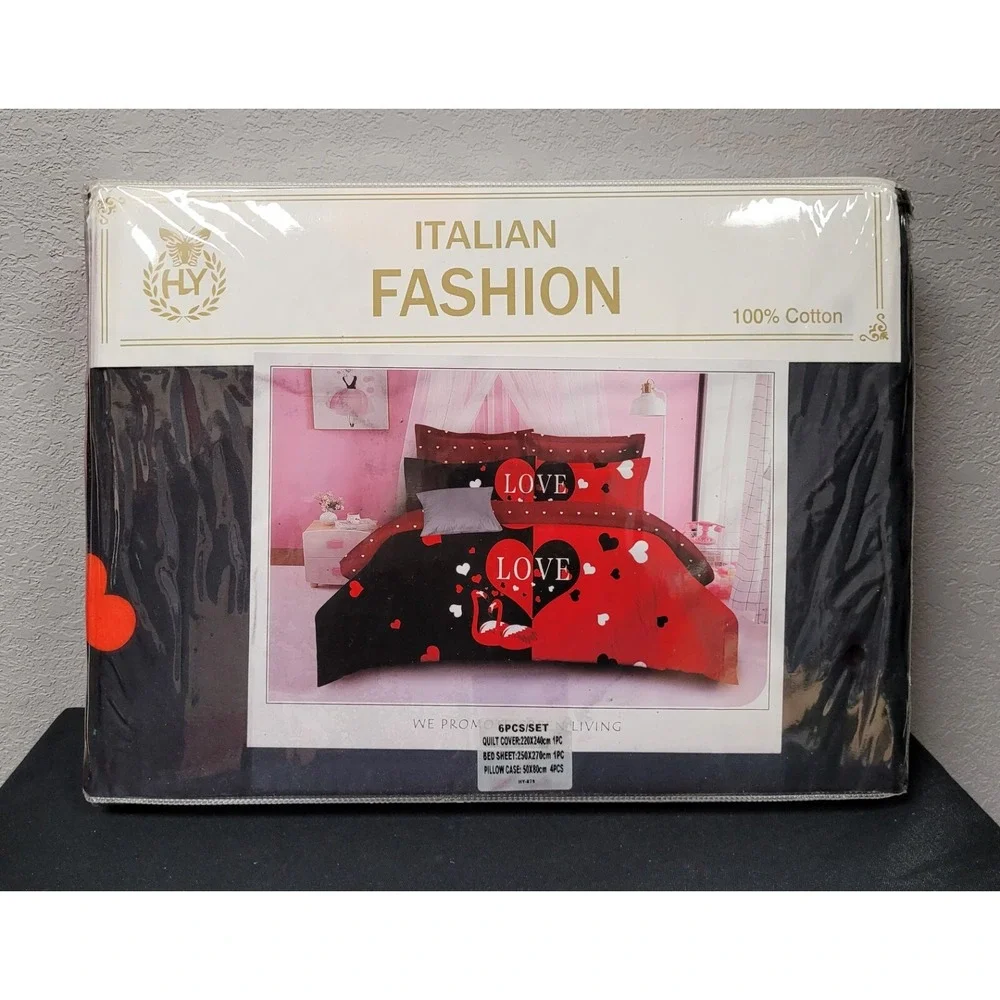 Italian Fashion Queen Size Duvet Cover Set 6 Pcs Design #HY-879 Red/Black Love